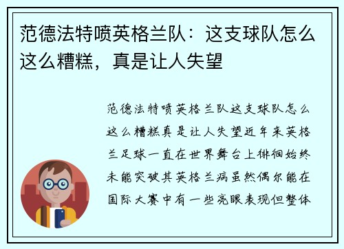 范德法特喷英格兰队：这支球队怎么这么糟糕，真是让人失望