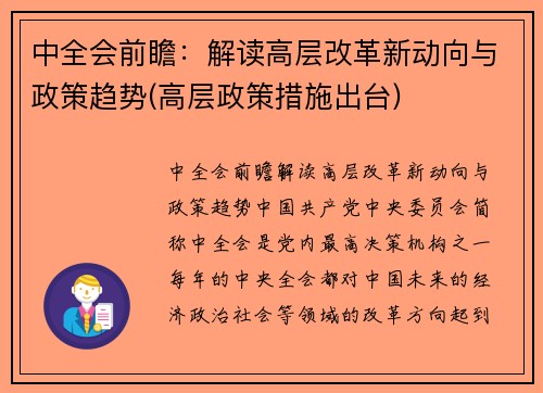 中全会前瞻：解读高层改革新动向与政策趋势(高层政策措施出台)