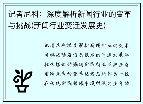 记者尼科：深度解析新闻行业的变革与挑战(新闻行业变迁发展史)